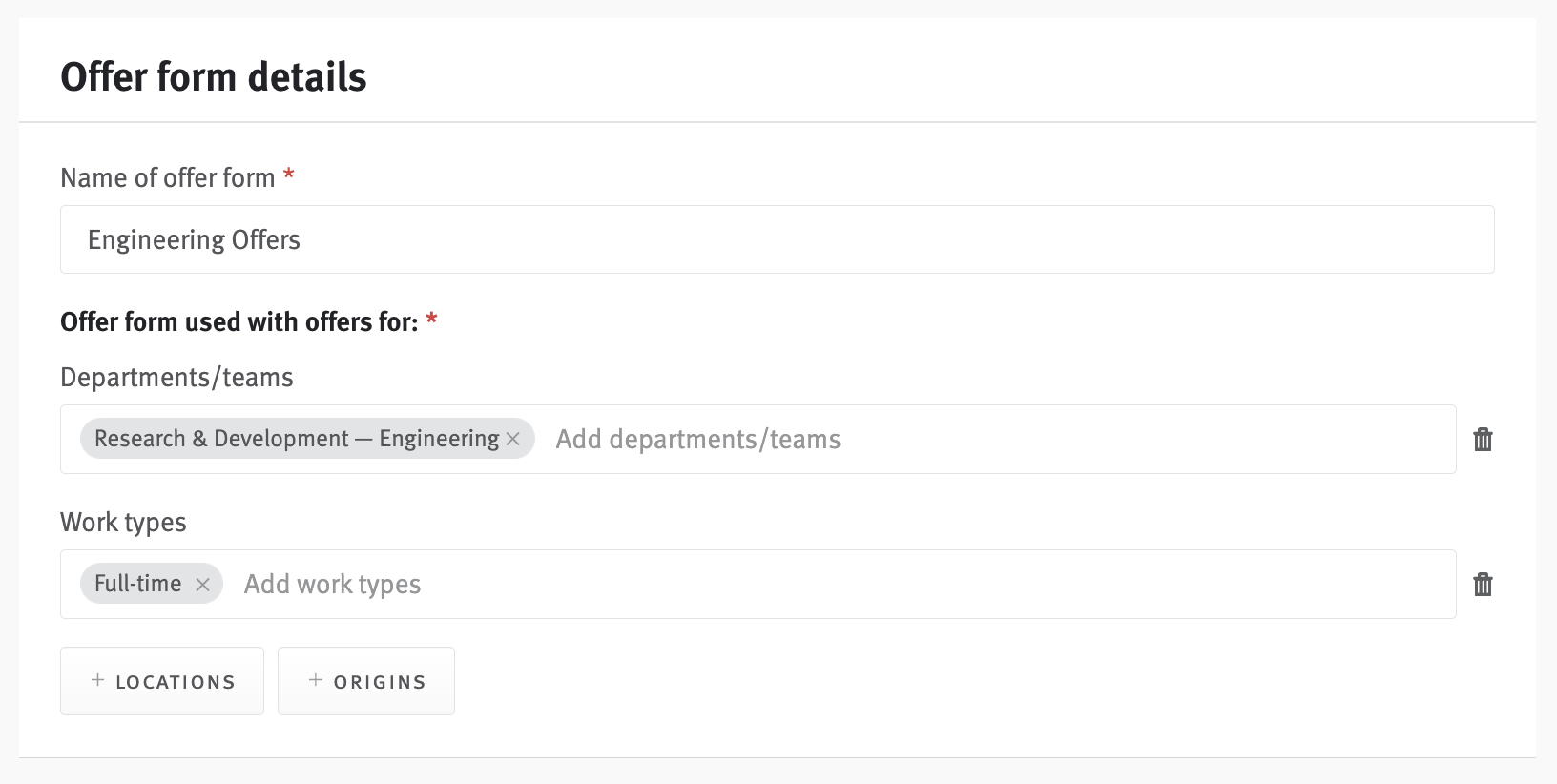 Offer form editor with department and work type criteria defined.
