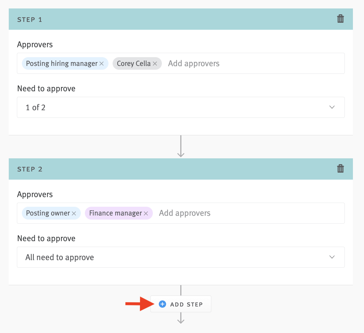 pproval editor with multiple approver steps and arrow pointing to Add Step button.