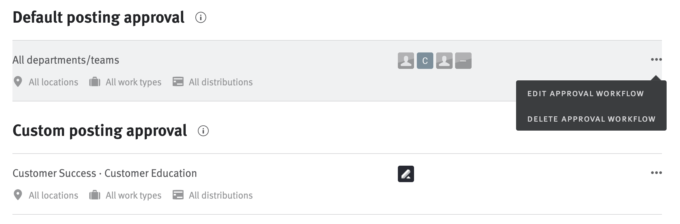 Close up of Approvals list with menu extended next to one approval entry with options to edit or delete it.