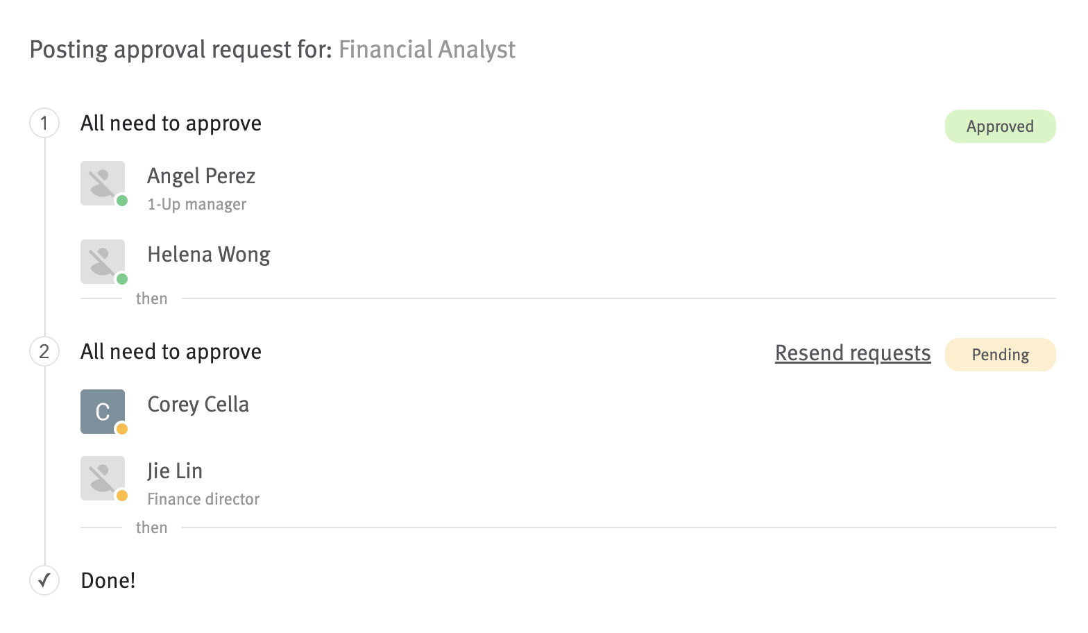 Approval chain with four approvers, two of which have approved the posting and two of which are listed as pending approval.