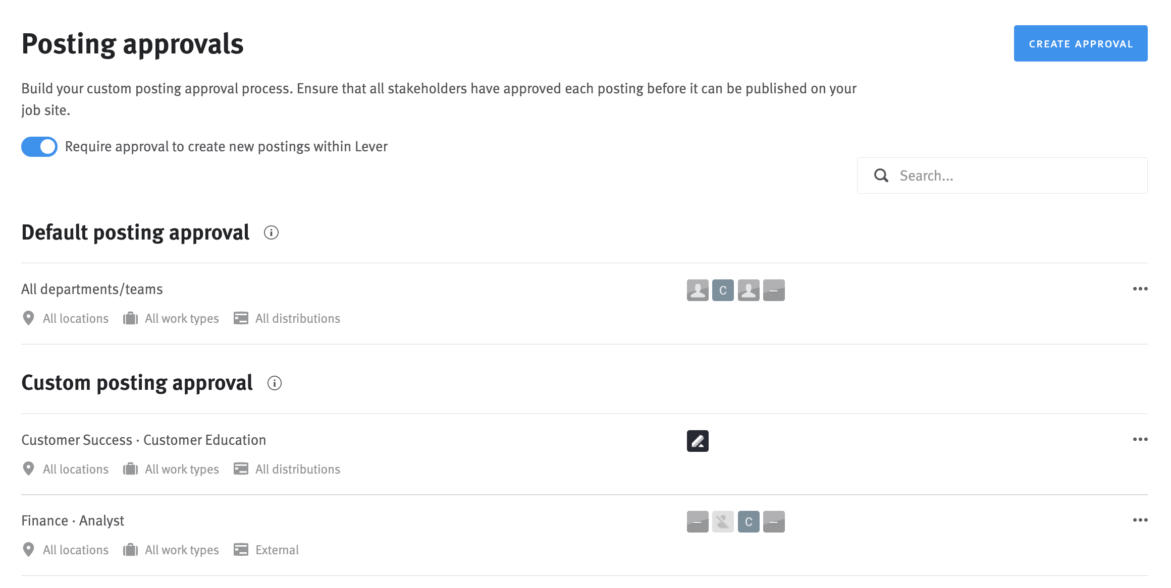 Approvals section of Lever Settings, Postings tab selected.