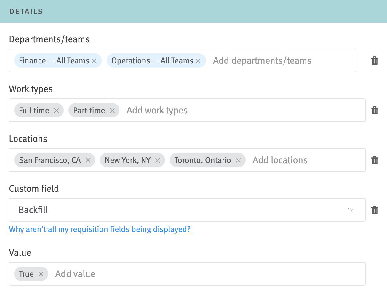 Custom requisition approval editor with details fields populated.