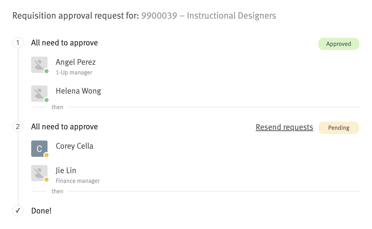 Approval chain with four approvers, two of which have approved the requisition and two of which are listed as pending approval.