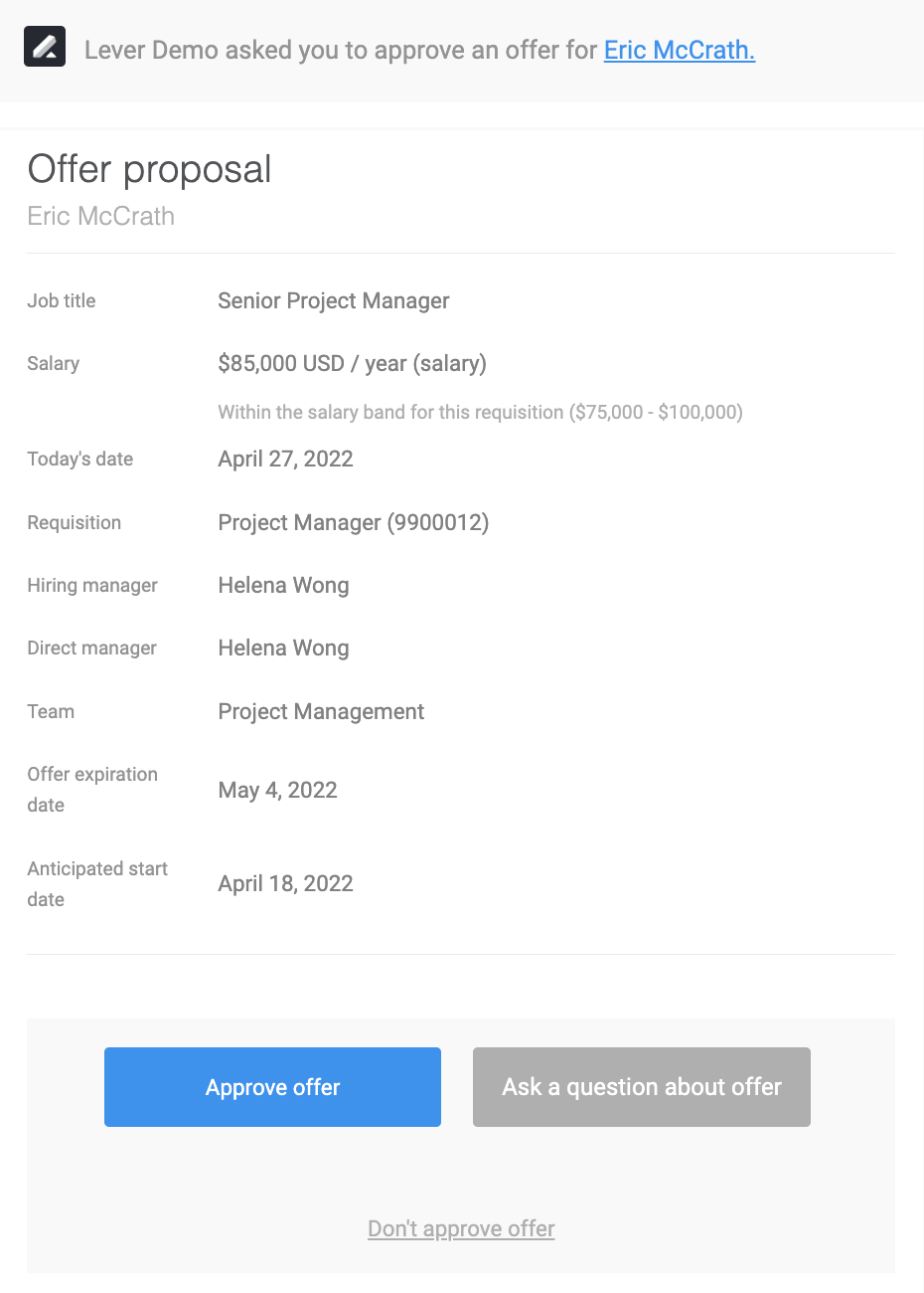Offer approval email with buttons to approve offer, deny approval request, or ask a question.