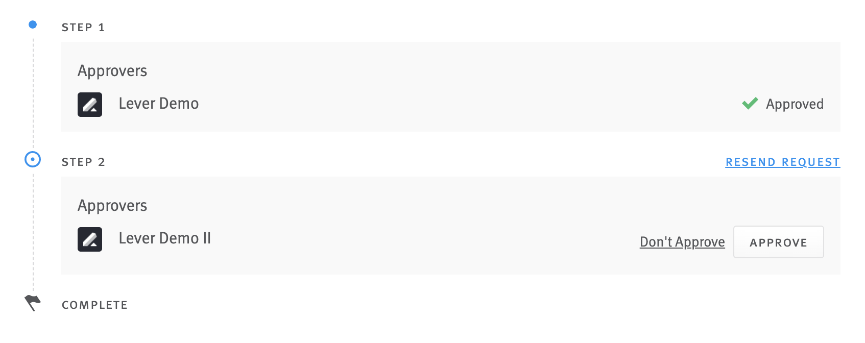 Approval section of offer details modal showing two approvers in the approval chain. The second approver has options to approve or reject the offer approval request next to their name.