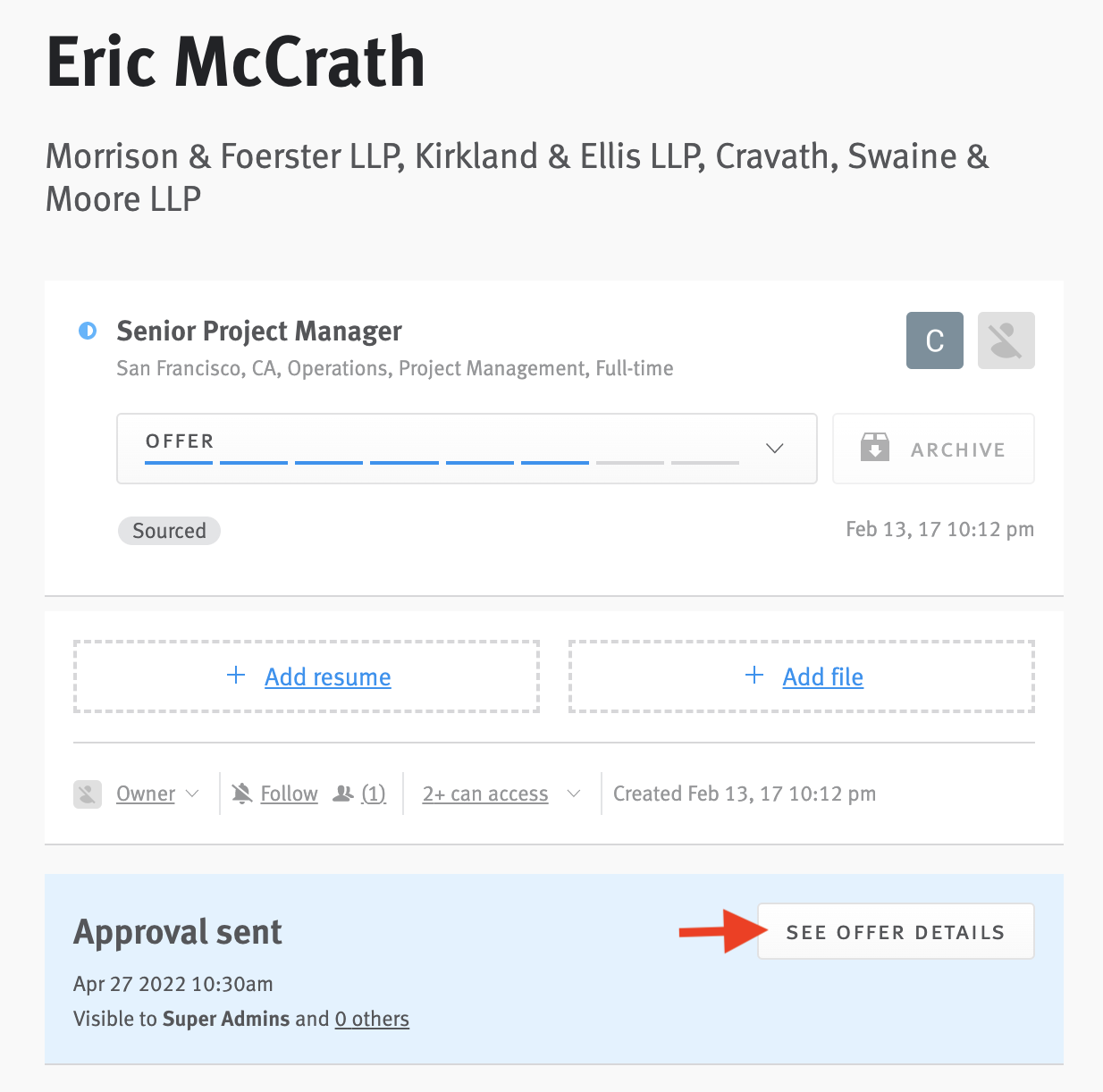Close up of candidate profile with arrow pointing to 'See offer details' button.