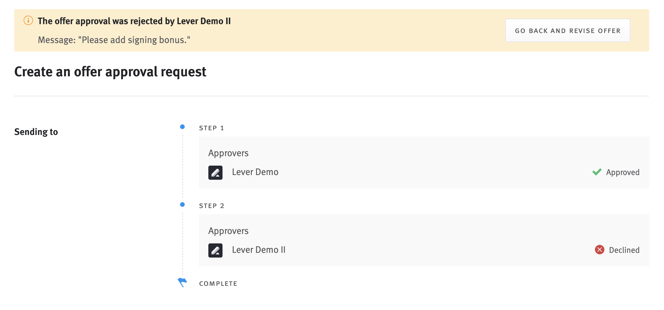 Approval section of offer details modal. One of two approvers has rejected the request. The reason for rejection appears in a banner at the top of the modal with a button reading 'Go back and revise offer'