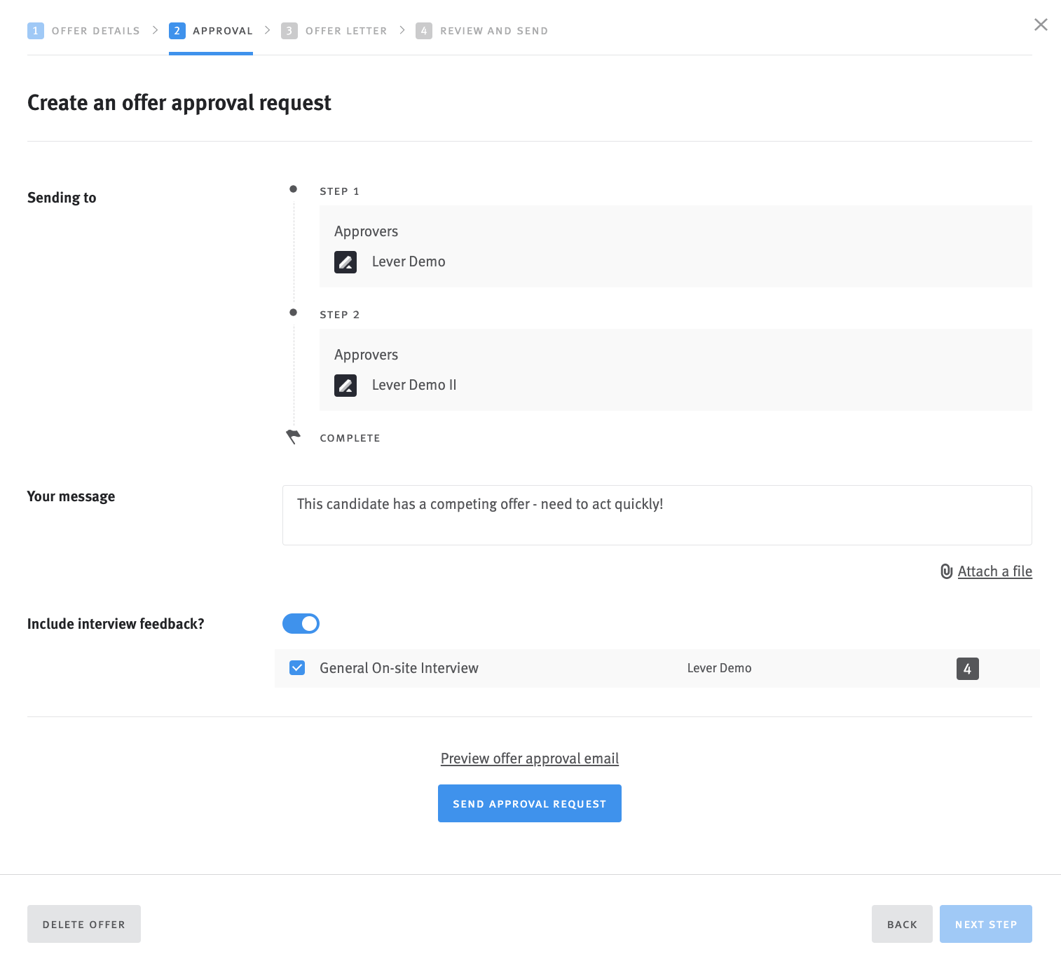 Approval summary page in offer generation modal.