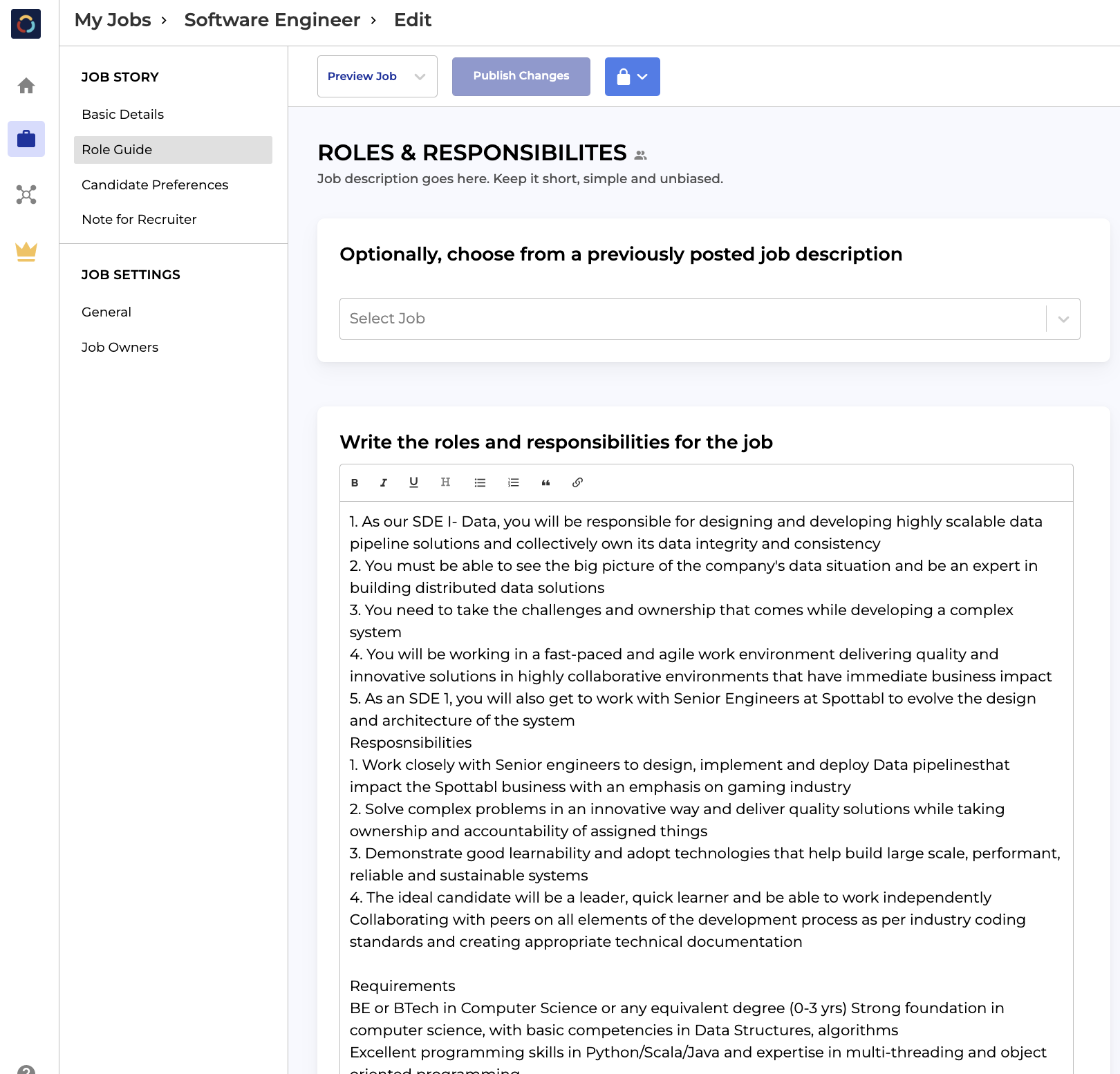 Spottable platform showing role guide editor.