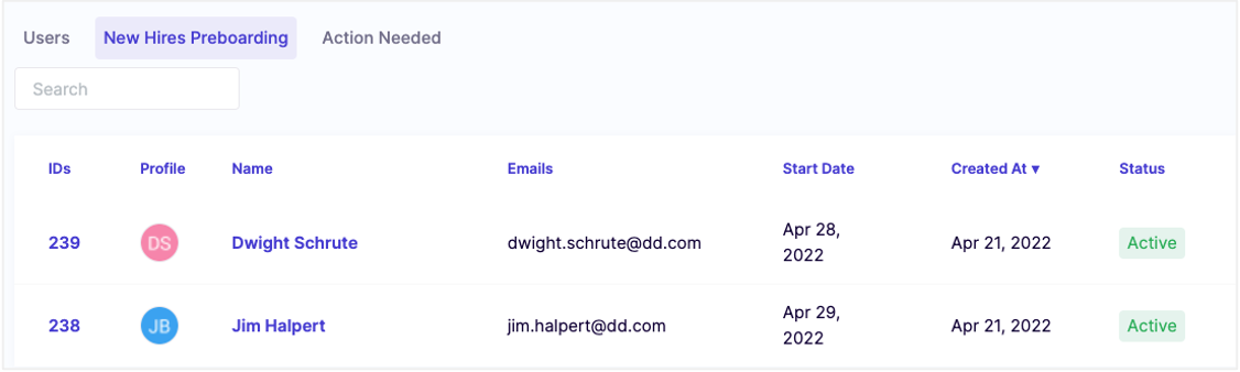 Cleary platform New Hires Preboarding page with list of new hires.