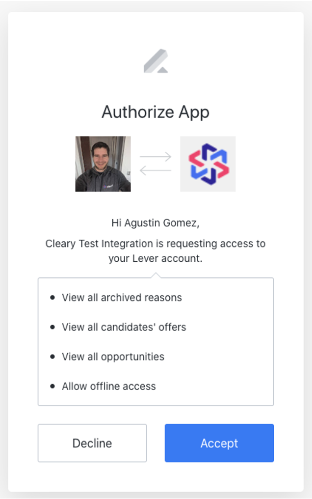 Lever authorize app modal with list of permissions and blue accept button.