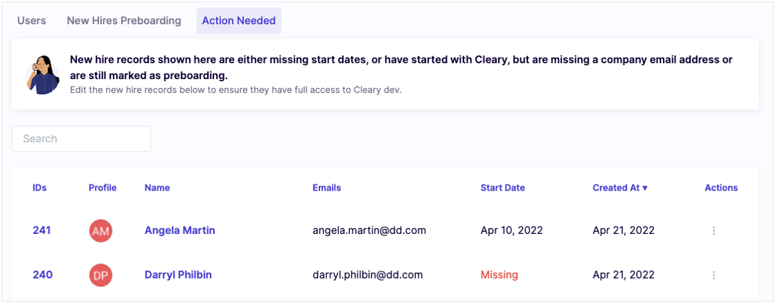 Cleary platform action needed tab.