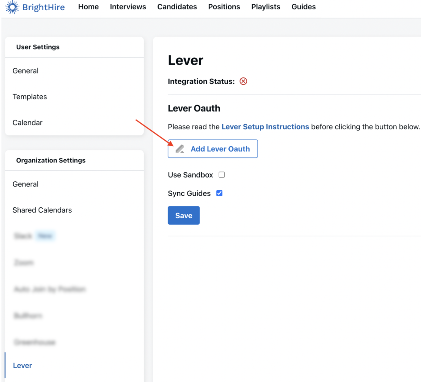 Brighthire platform with arrow pointing to Add Lever Oauth button