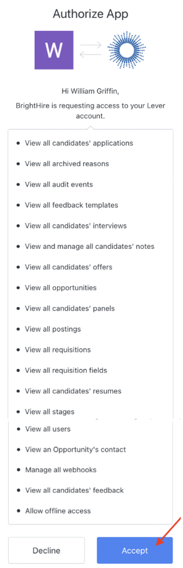Lever authorize app modal showing list of permissions with arrow pointing to blue accept button