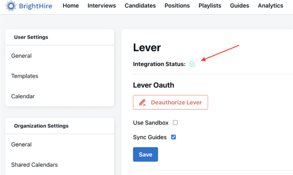 Brighthire platform showing Lever app with arrow pointing to green check mark next to integration status