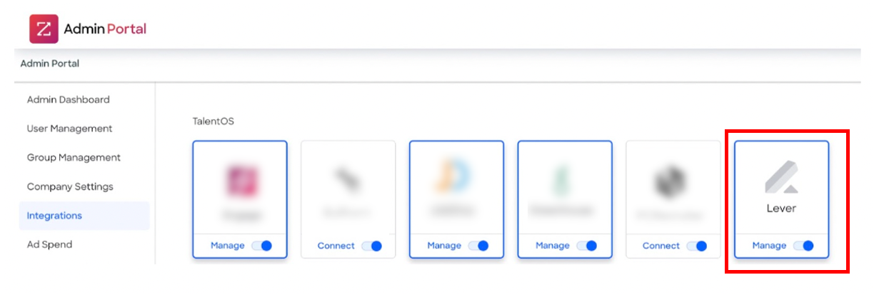 Zoom info Admin Portal showing lever tile highlighted