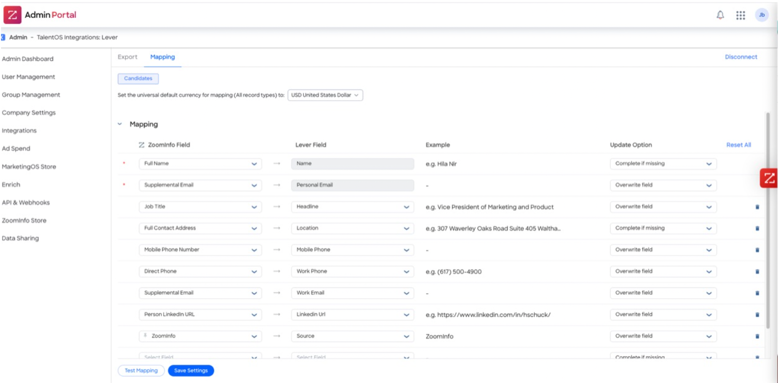 Enabling and using the ZoomInfo TalentOS integration Lever Support