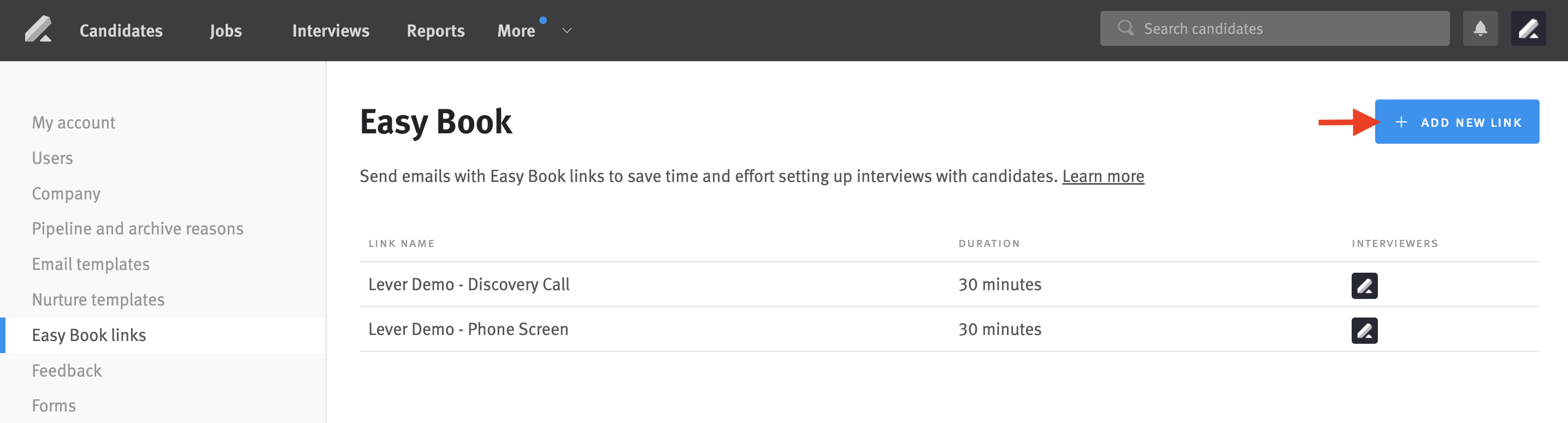 Easy Book links page in Settings with arrow pointing to Add New Link button.
