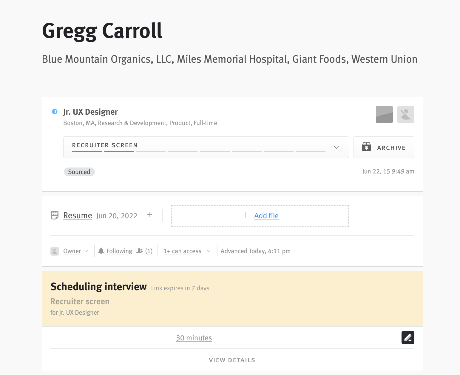 Candidate profile showing Easy Book sent link.
