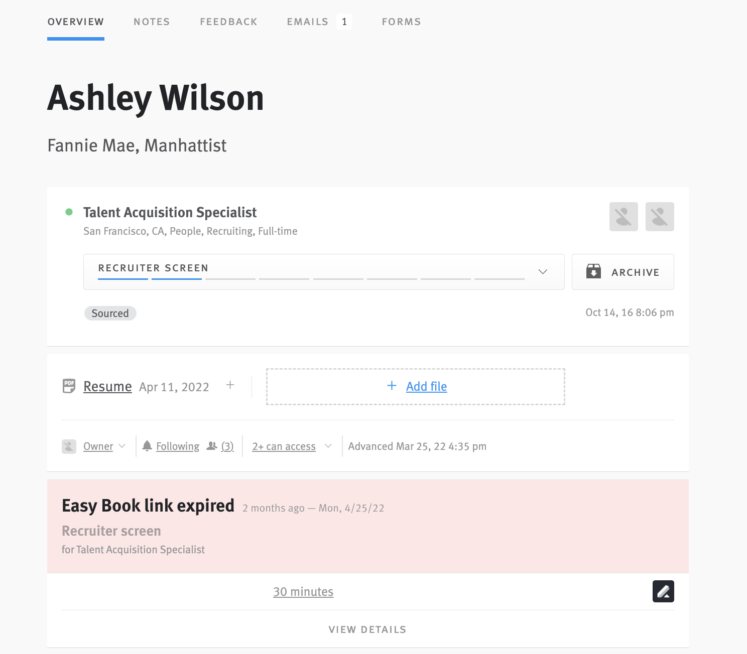 Candidate profile showing Easy Book link expired.