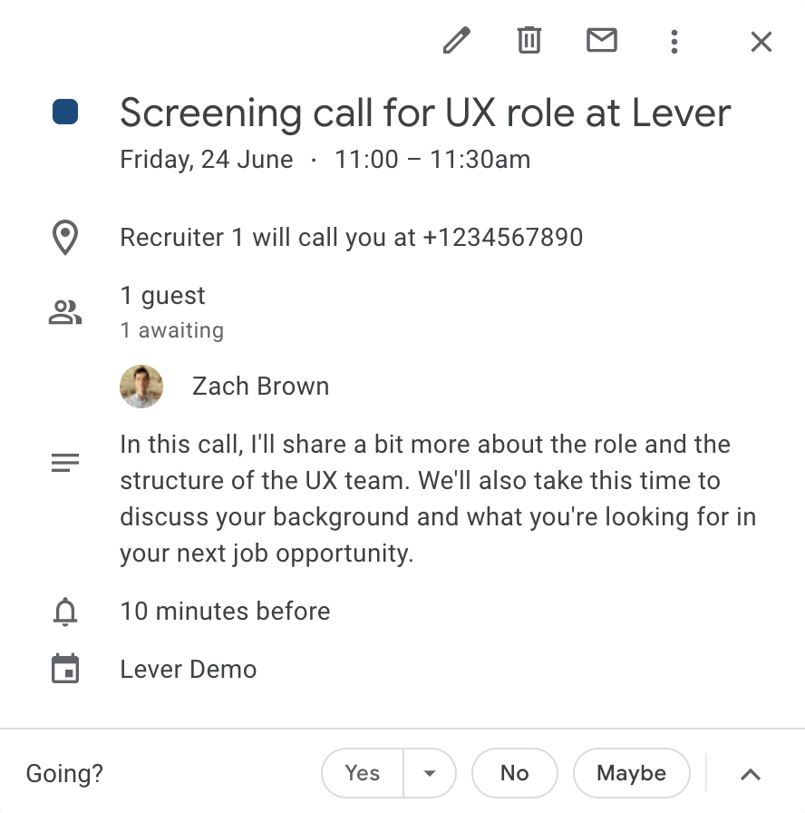 Calendar event showing interview meeting details.