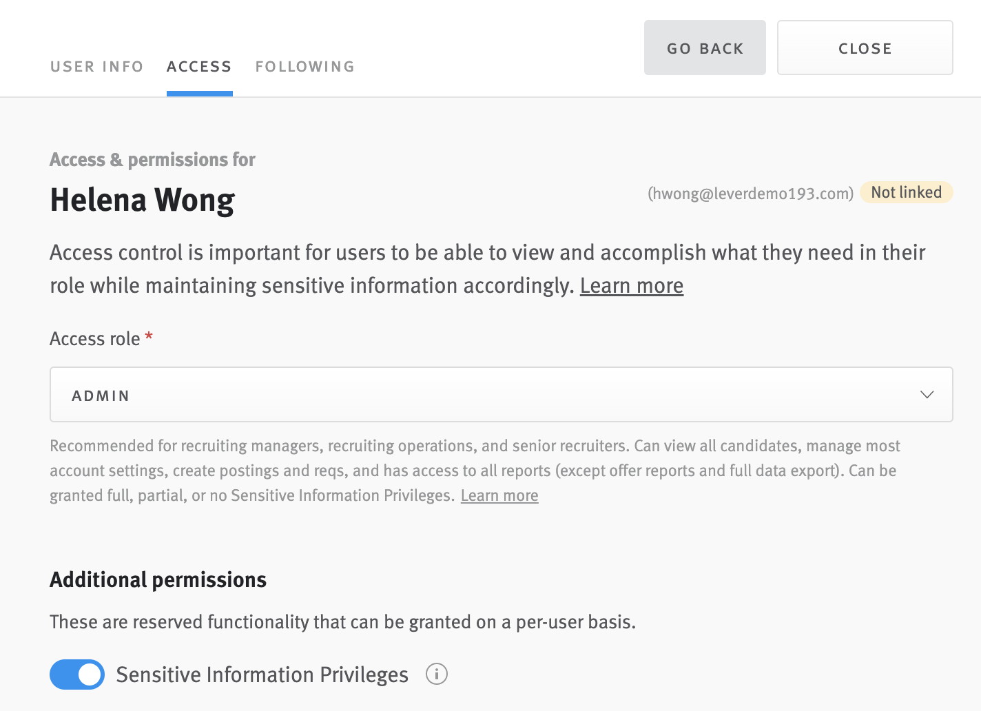 Close up of user profile editor with Access tab selected and Sensitive Information Privilege toggle in on position.