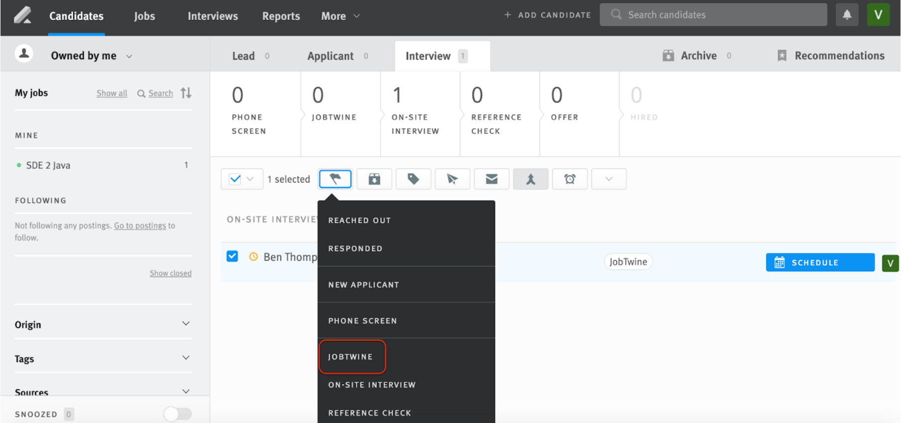 Lever platform candidates page with stage change dropdown menu with JobTwine option outlined.