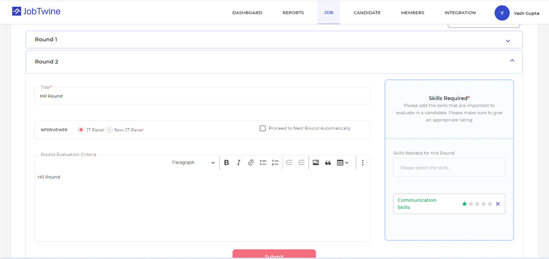 JobTwin platform with Add Round Information page.