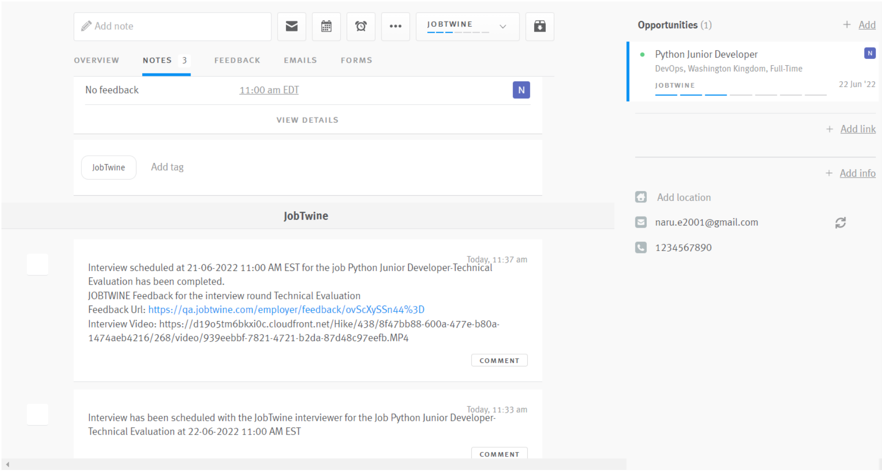 Lever candidate profile showing JobTwine update in Candidate history section.