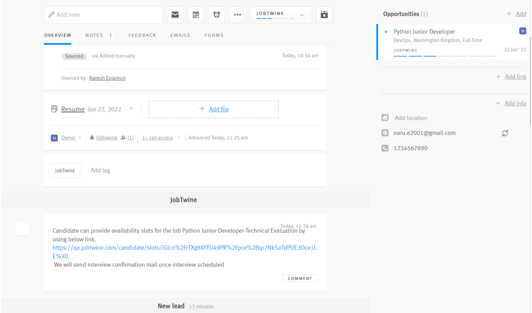 Lever candidate profile showing JobTwine update in Candidate history section.