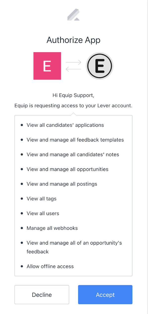 Lever and equip authorize modal showing list of permissions and blue accept button