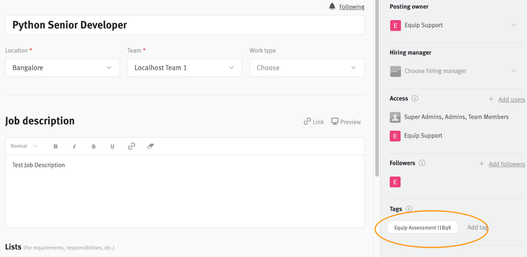 Lever job listing with equip assessment tag outlined