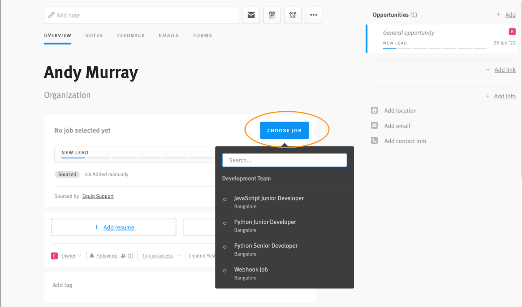 Lever candidiate listing with choose job button outlined