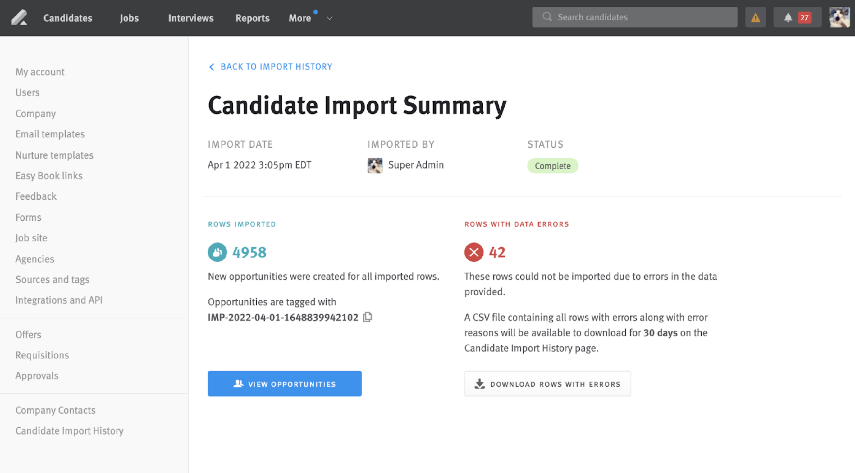 Import Summary page