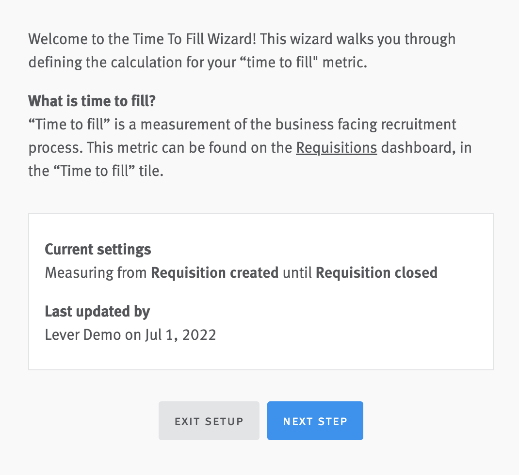First page in time to fill configuration workflow with summary of current settings.
