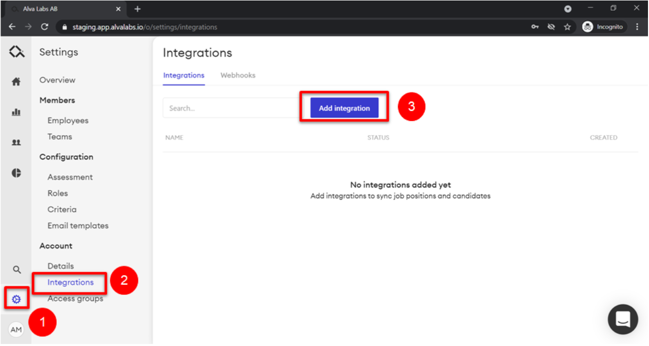 Alva platform with settings, integrations, and blue add integration button outlined.