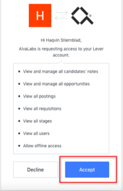 Lever authorize app modal with list of permissions and blue accept button
