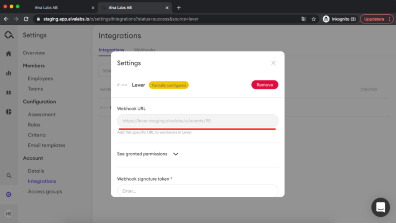 Alva platform with settings editor and webhook URL field underlined.