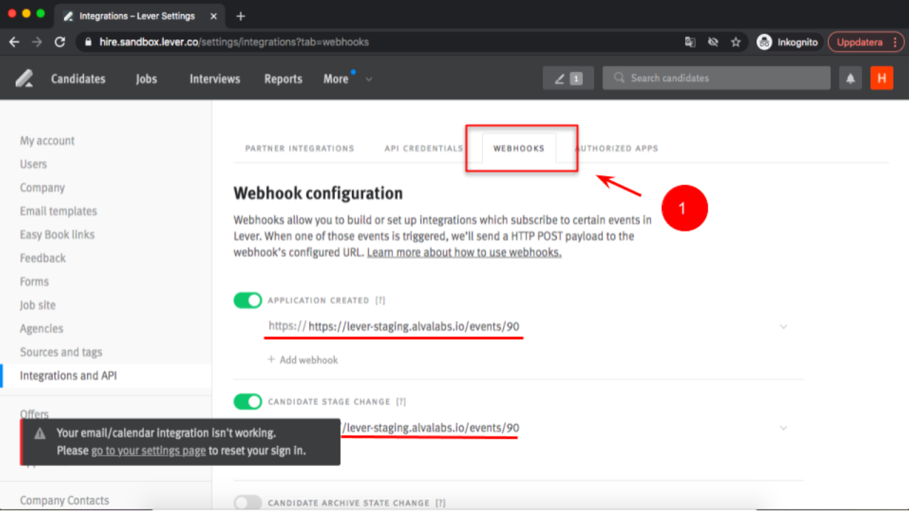 Lever platform webhooks tab outlined with application created webhok and candidate stage change webhook underlined.