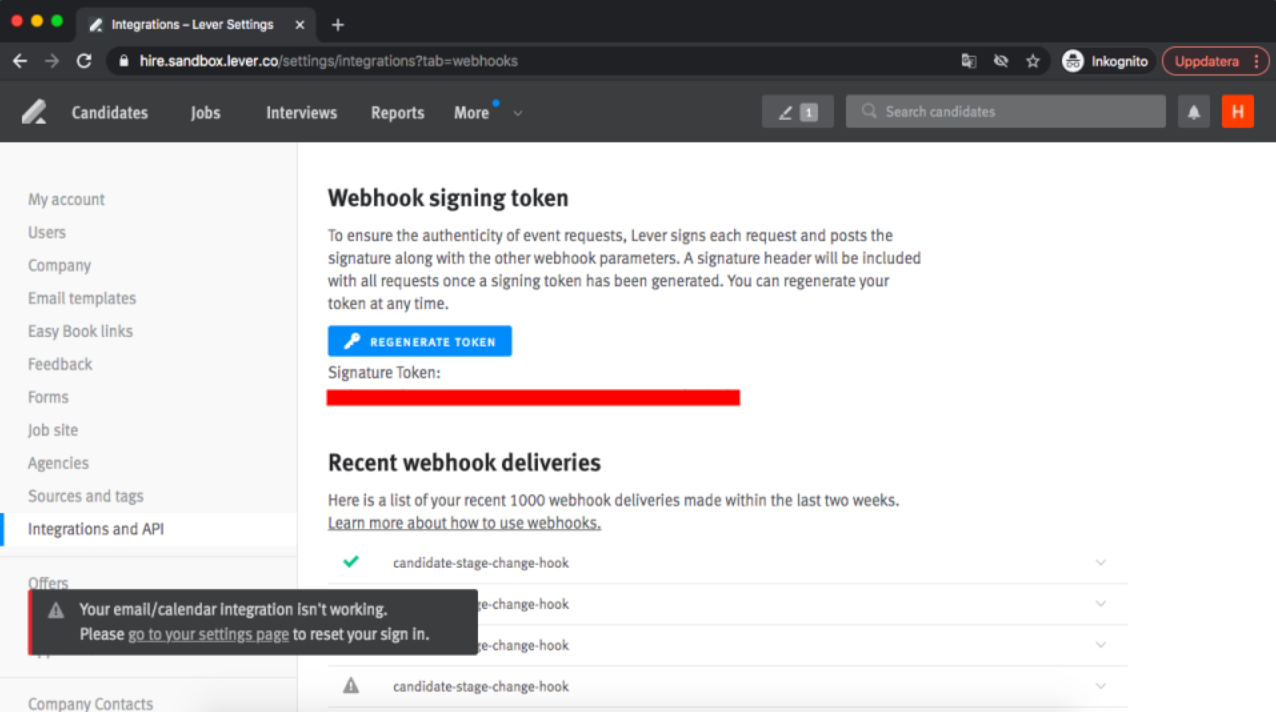 Lever platform signin token with signature toke highlighted.