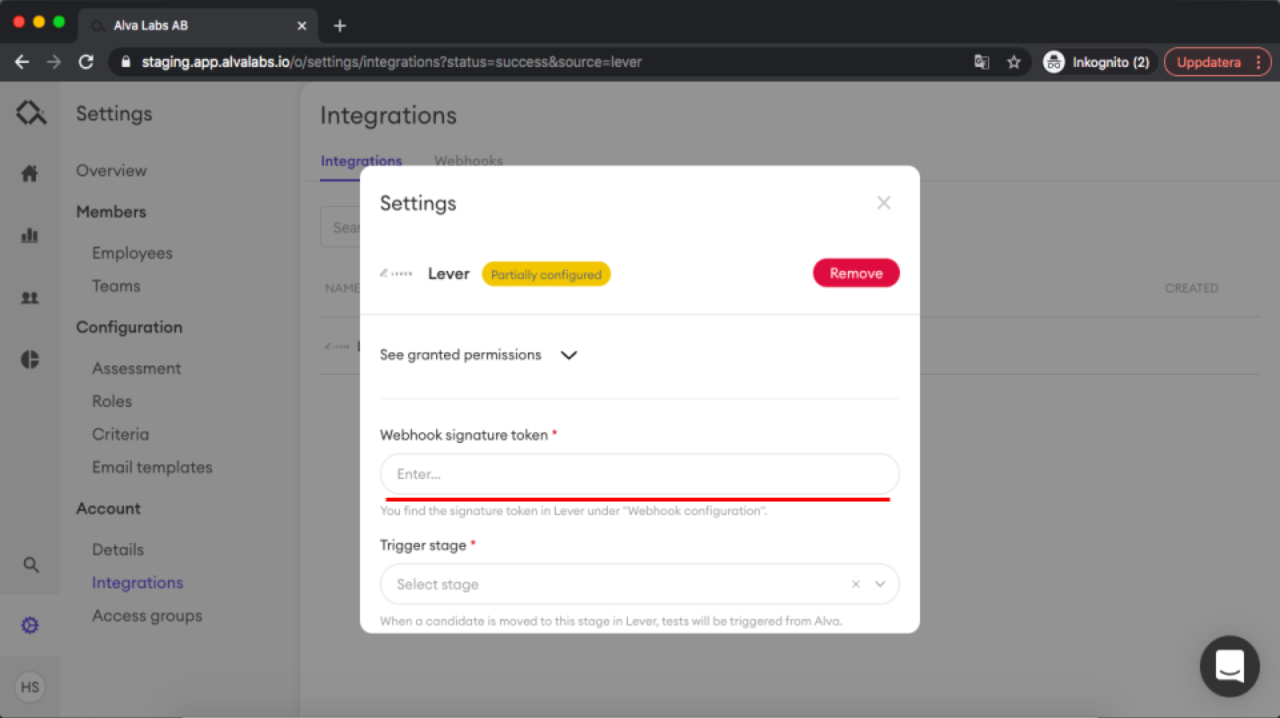Alva settings editor with webhook signature token field underlined.