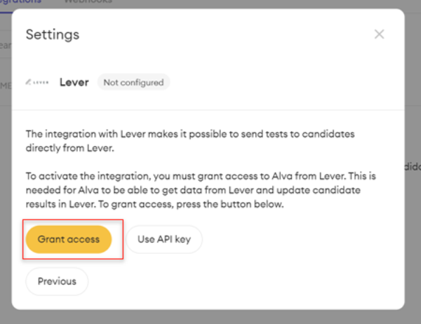 Alva settings with Lever listed and yellow grant access button outlined.