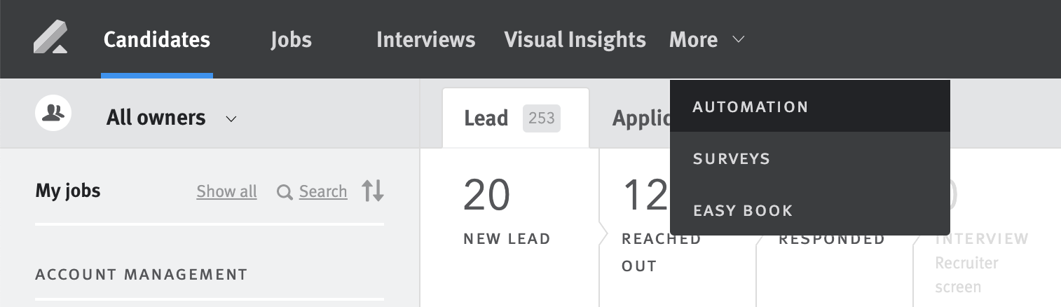 Menu expandeded from More option in navigation bar with Automation option highlighted.