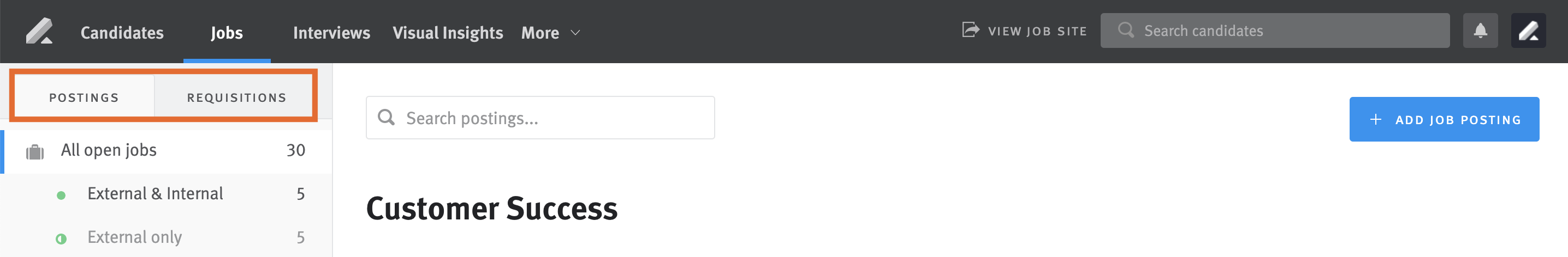 Jobs section in Lever with postings and requisitions tabs circled.