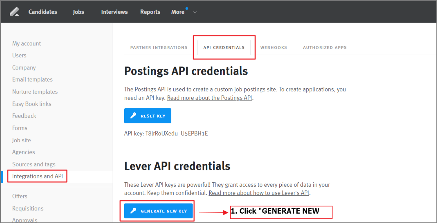 Lever settings with API credentials tab and generate new key button outlined