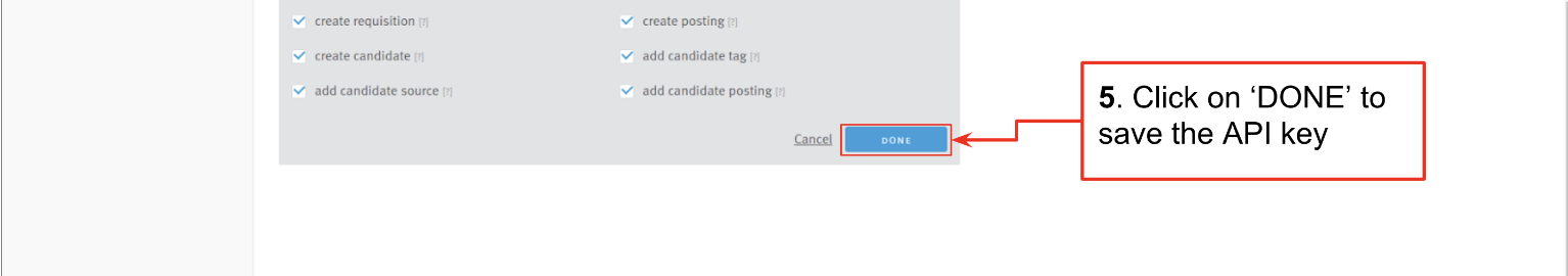 Lever settings API credentials tab with done button outlined