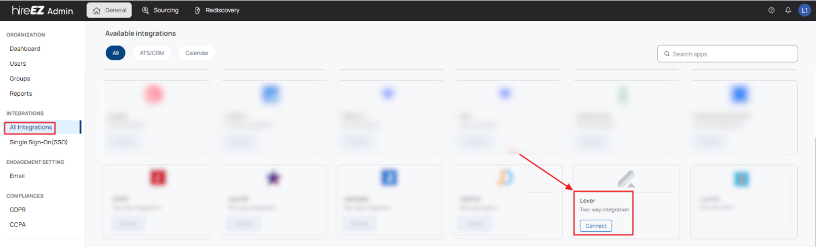 HireEZ platform all integrations page with lever tile outlined