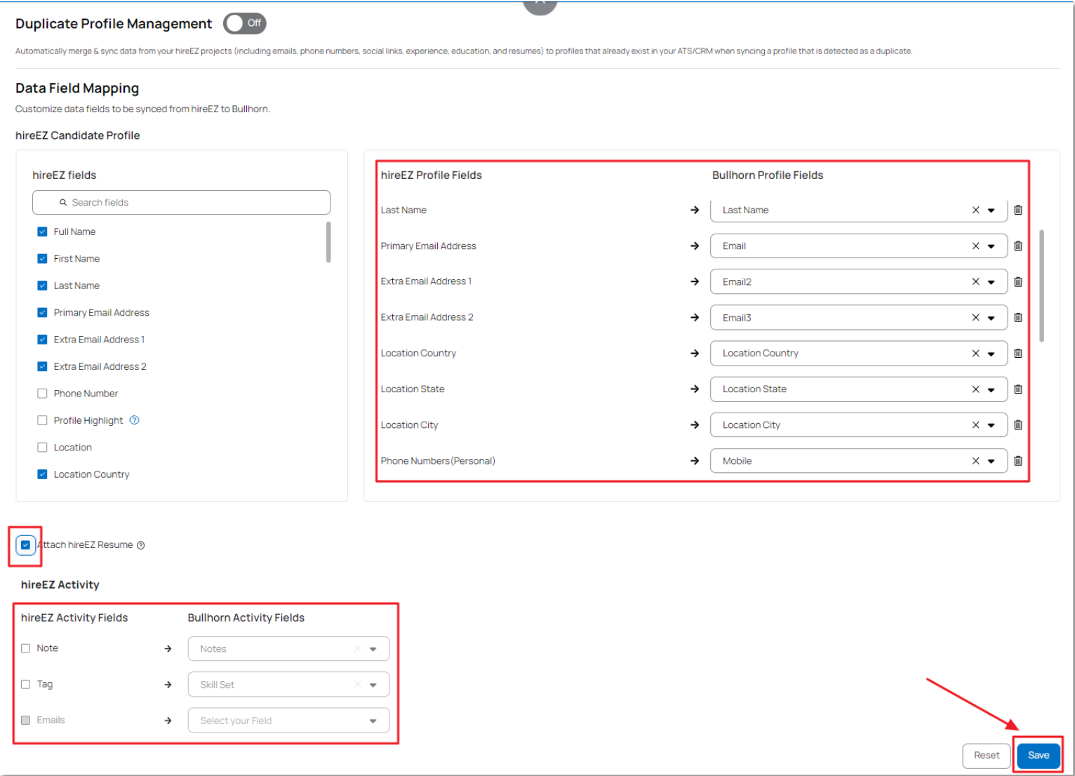 HireEZ data field mapping section with profile fields and activity areas outlined