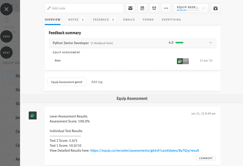 Lever candidiate profile showing assessment results in candidate history