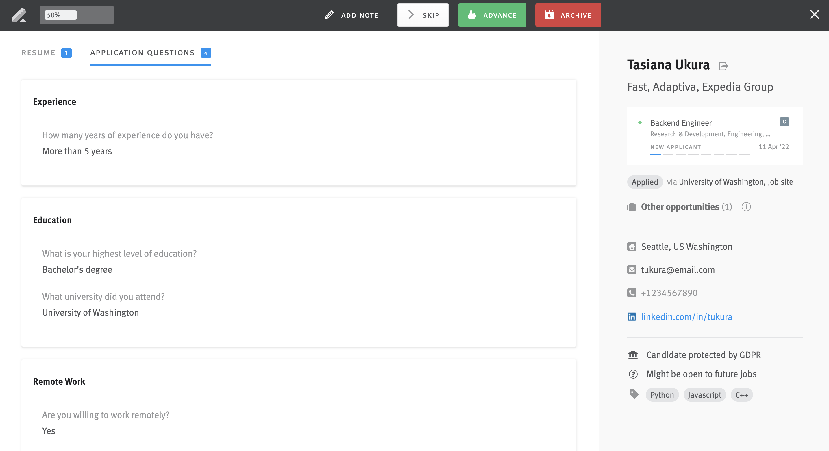 Candidate responses to application questions in Fast Resume Review